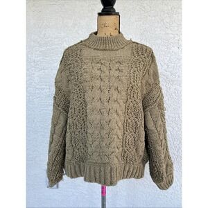 POL‎ Chunky Cable Knit Sweater Chenille Olive Size Small Exposed Seams Mock Neck